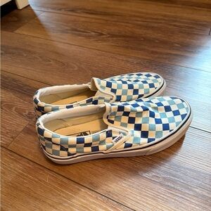 Vans Women’s Blue and White Checkered Slip-On Sneakers